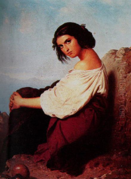 A portrait of a young peasant girl seated on a rock Oil Painting by Konstantin Cretius