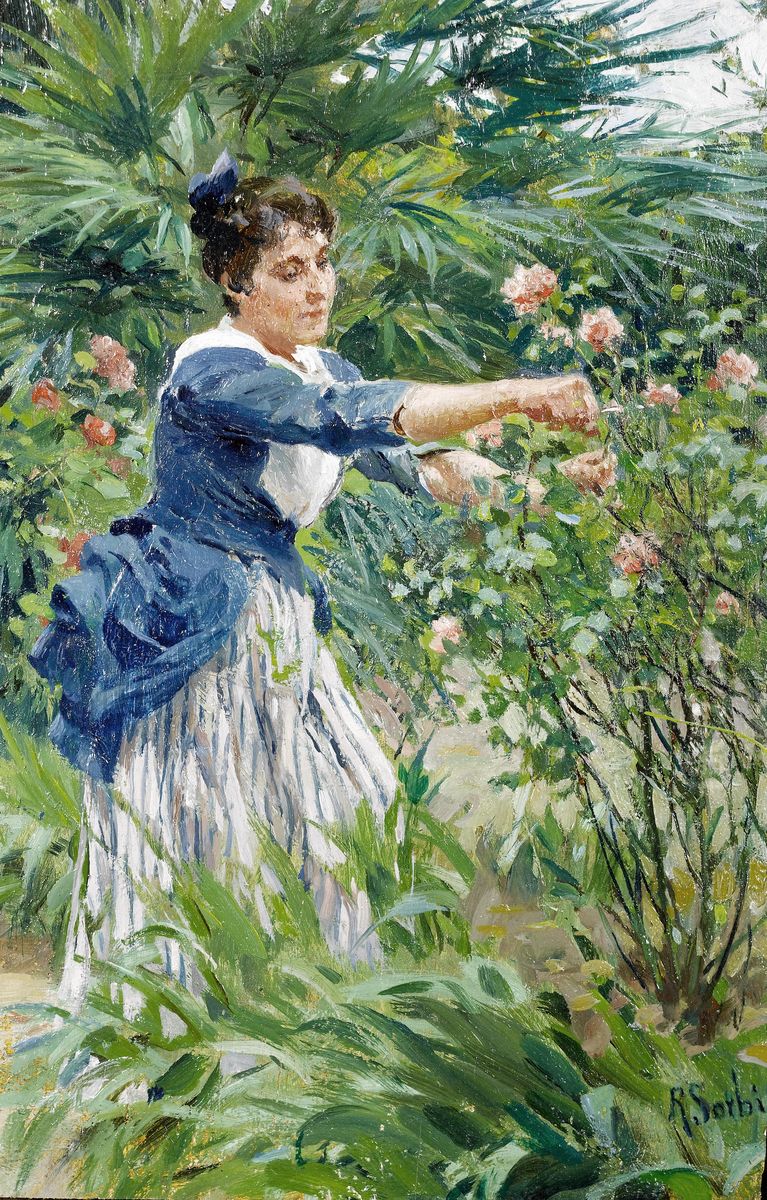 Pruning the roses. Oil Painting by Raffaello Sorbi