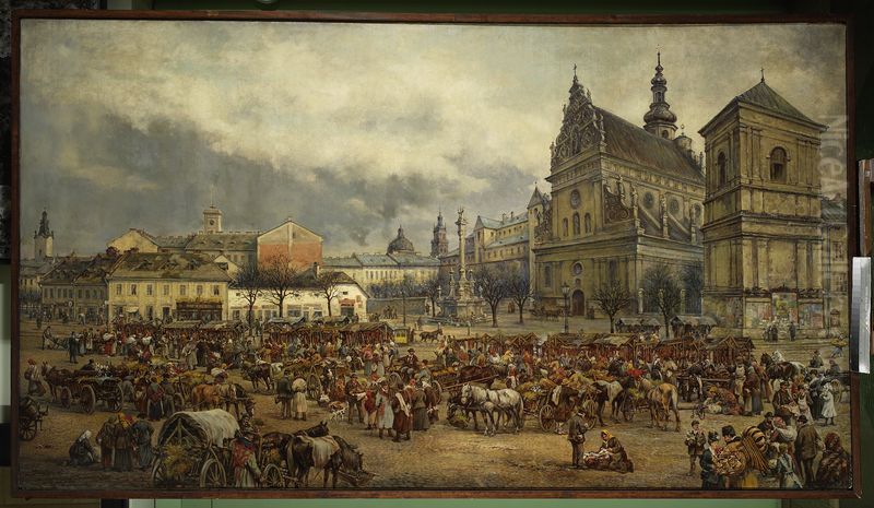 Targ przed Wielkanoca na placu Bernardynskim we Lwowie w roku 1895 Oil Painting by Tadeusz Rybkowski