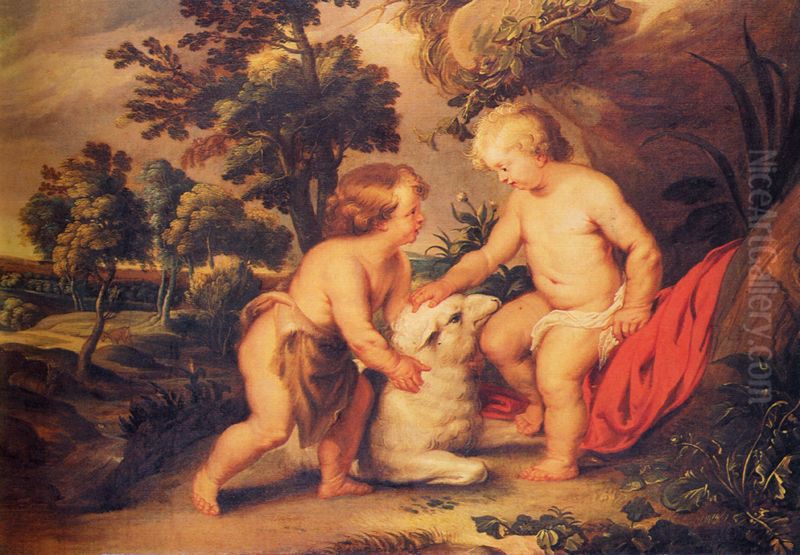The Christ Child and the infant Saint John the Baptist. Oil Painting by (studio of) Rubens, Peter Paul