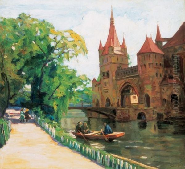 Boating on the Lake of the City Park Oil Painting by Erno Beli Voros