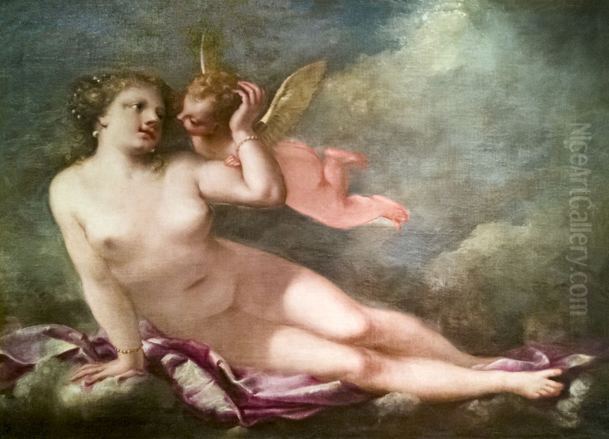 Venus in the clouds with cupid Oil Painting by Pietro Liberi
