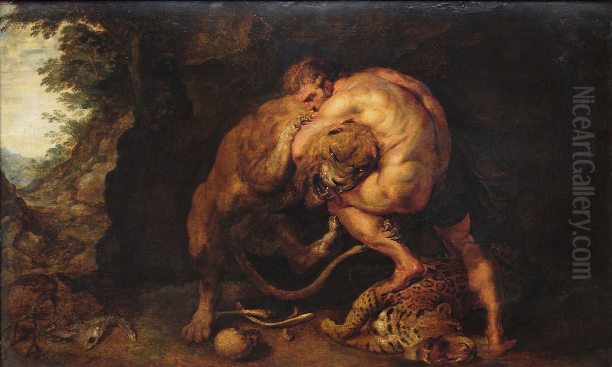 Lupta Lui Hercule cu leul din Nemeea. Oil Painting by (studio of) Rubens, Peter Paul