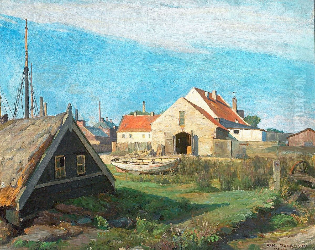 The former factory at Kastrup, Denmark, seen from the harbour. Oil Painting by Axel Johansen