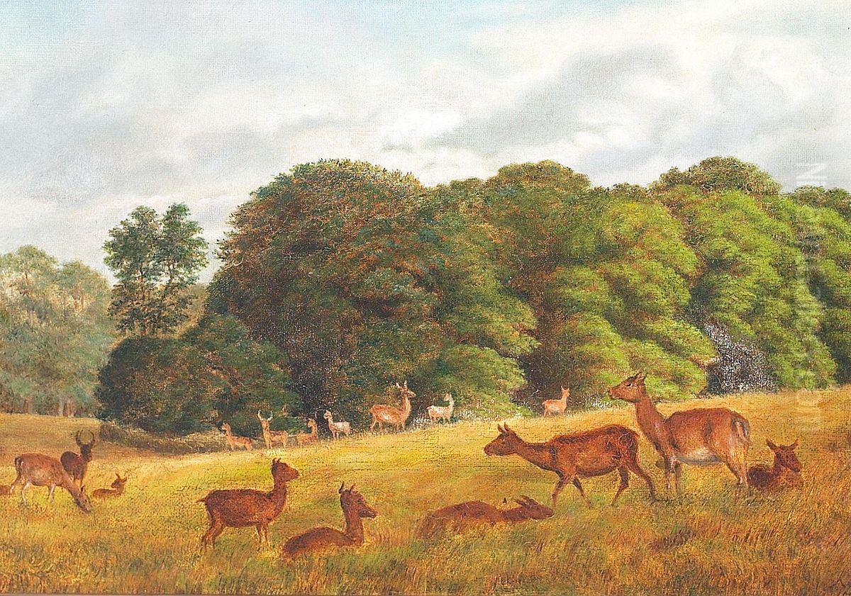 Deer grazing in Dyrehaven. Oil Painting by Axel Schovelin