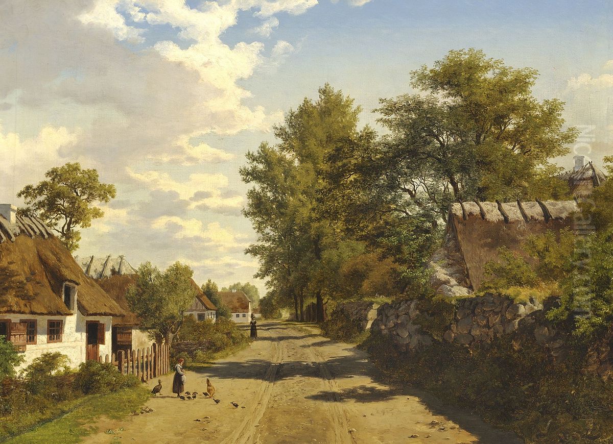 View of the village Kragholm at the Faareveile estate on Langeland, Denmark. Oil Painting by Axel Schovelin