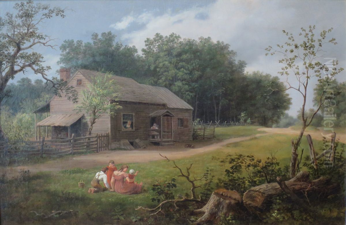 Cabin with Children Playing Oil Painting by Thomas Birch