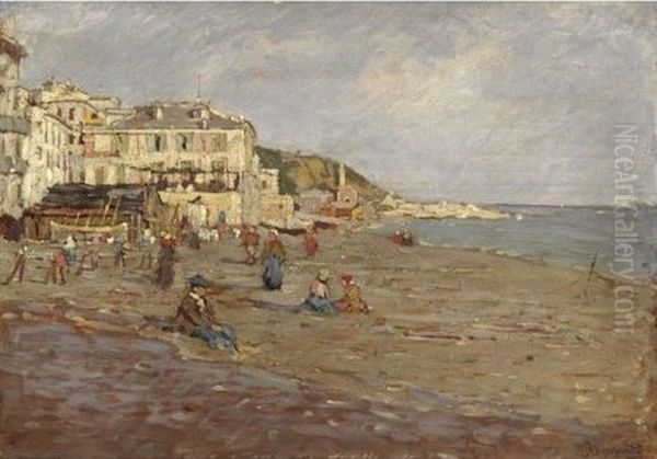 Beach at Varazze Oil Painting by Enrico Reycend