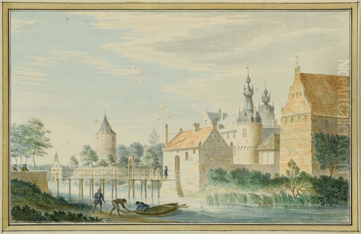 Schlossanlage an einem Fluss. Oil Painting by unknown