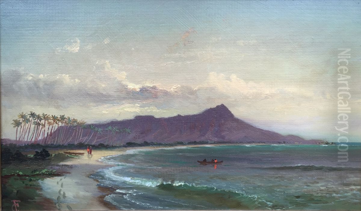 Diamond Head, Waikiki Beach, and Helumoa Coconut Grove, Honolulu Oil Painting by Charles Furneaux