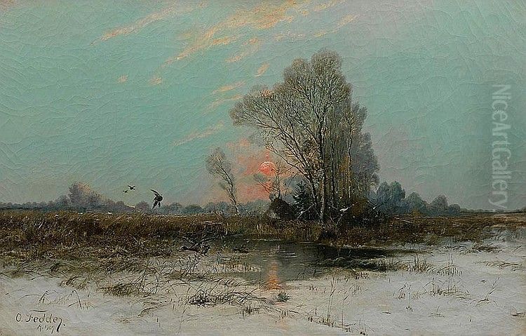 Rising ducks in snowy moorland Oil Painting by Otto Fedder
