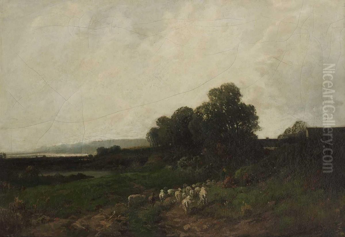 Village landscape with flock of sheep Oil Painting by Otto Fedder