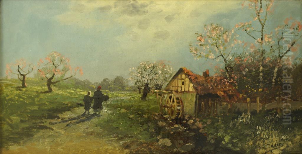 Spring landscape with mill and figures Oil Painting by Otto Fedder