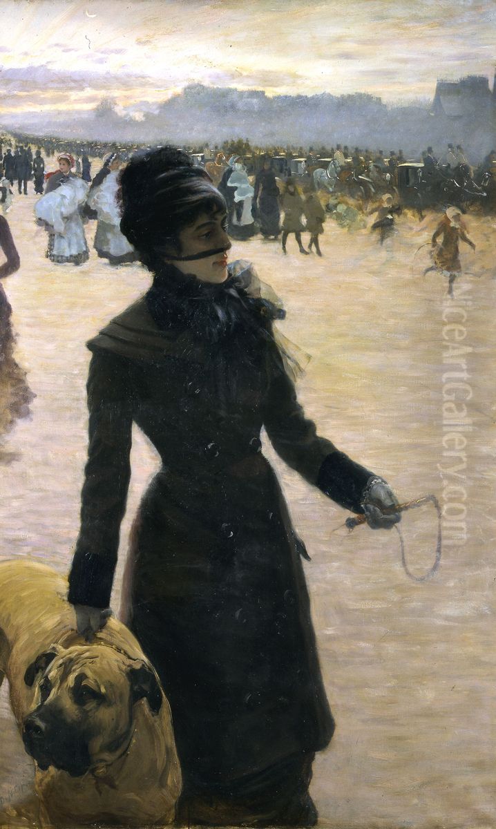 Lady walking with her dog (Return from the Races) Oil Painting by Giuseppe de Nittis