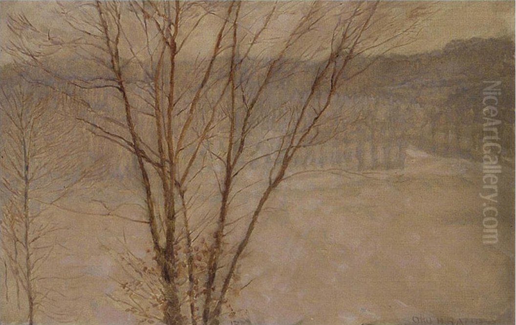Winter Landscape with Barren Tree Oil Painting by Otto (Henry) Bacher