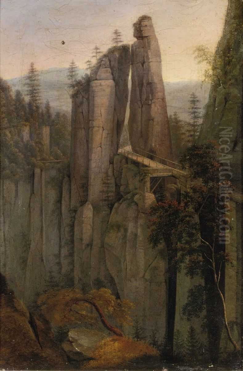 A bridge in the Sachsische Schweiz Oil Painting by Ernst Ferdinand Oehme