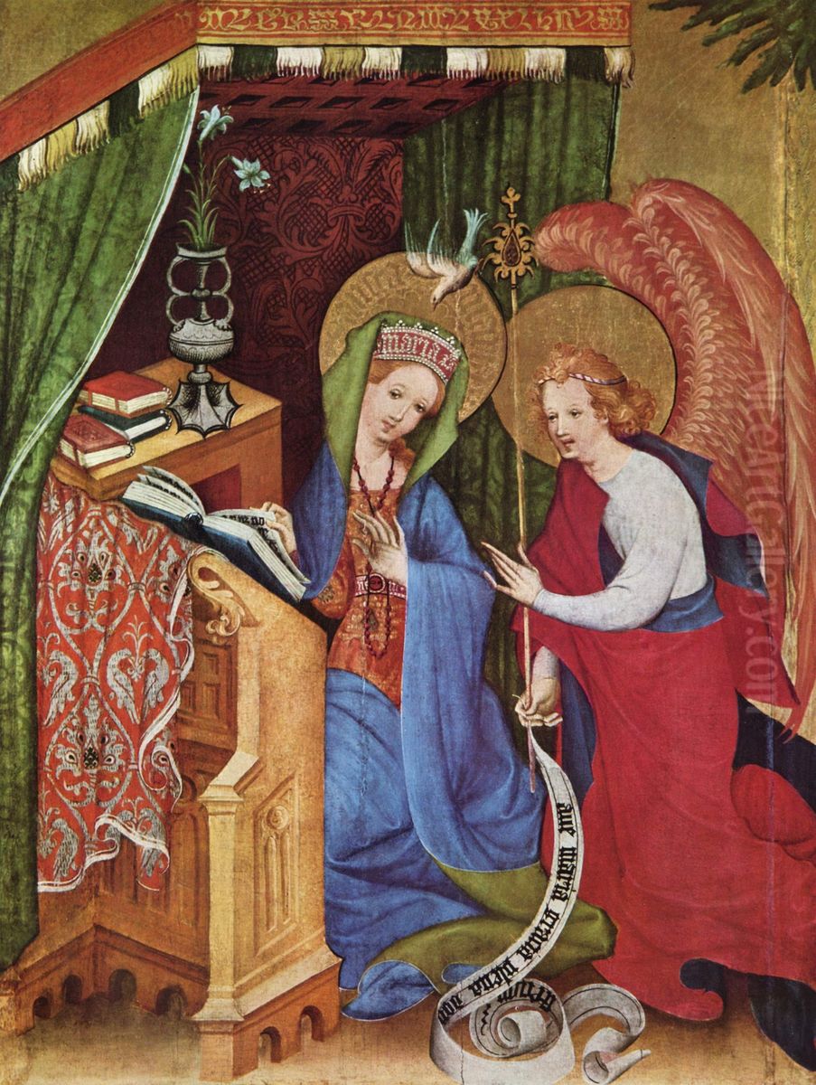 Passionsaltar (Wildungen-Altar), linker Flugel: Maria Verkundigung, Christis Geburt, Anbetung der Drei Heiligen Konige, Prasentation Christi im Tempel, Detail: Verkundigung Oil Painting by Conrad von Soest