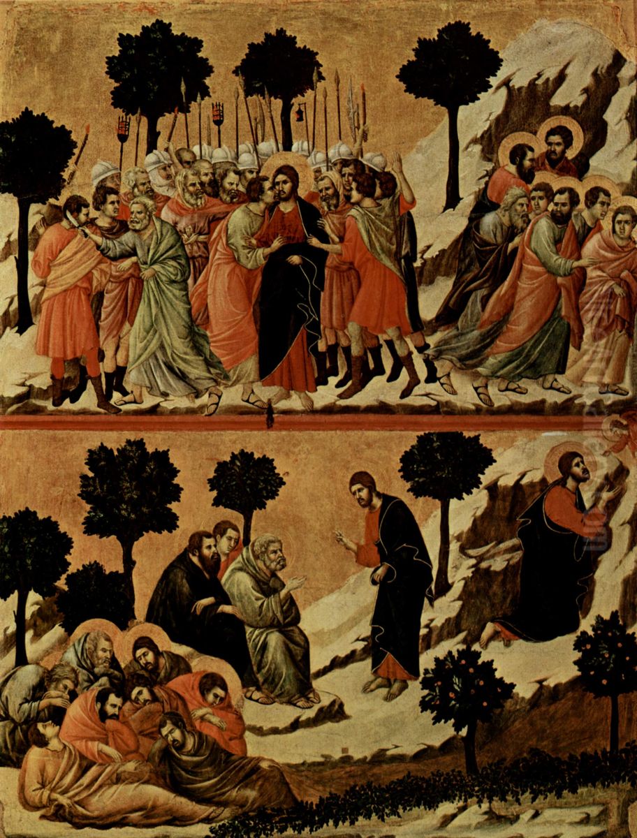 Maesta, Altarretabel des Sieneser Doms, Ruckseite, Hauptregister mit Szenen zu Christi Passion, Szenen: Judaskuss und Gebet auf dem Olberg Oil Painting by Duccio Di Buoninsegna