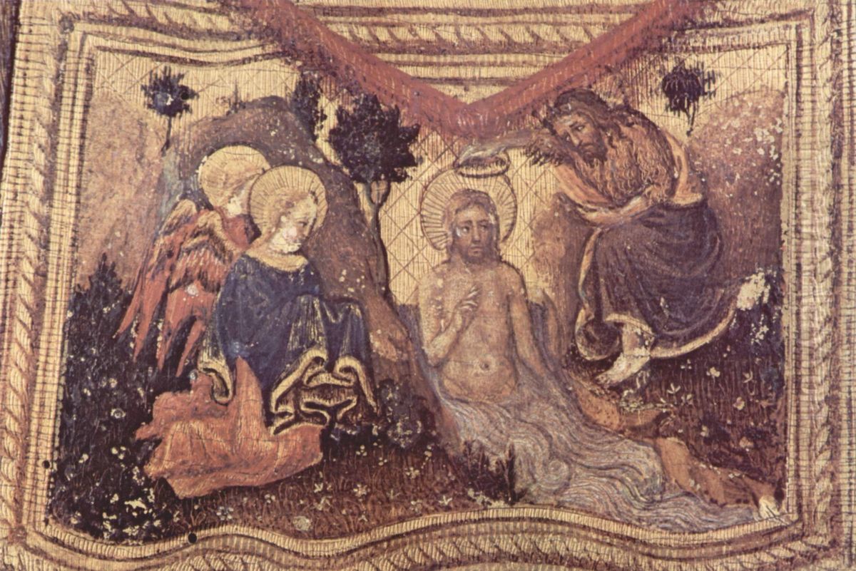 Quaratesi-Polyptychon, Seitentafel: Hl. Nikolaus von Bari, Detail des Gewandes: Taufe Oil Painting by Gentile Da Fabriano