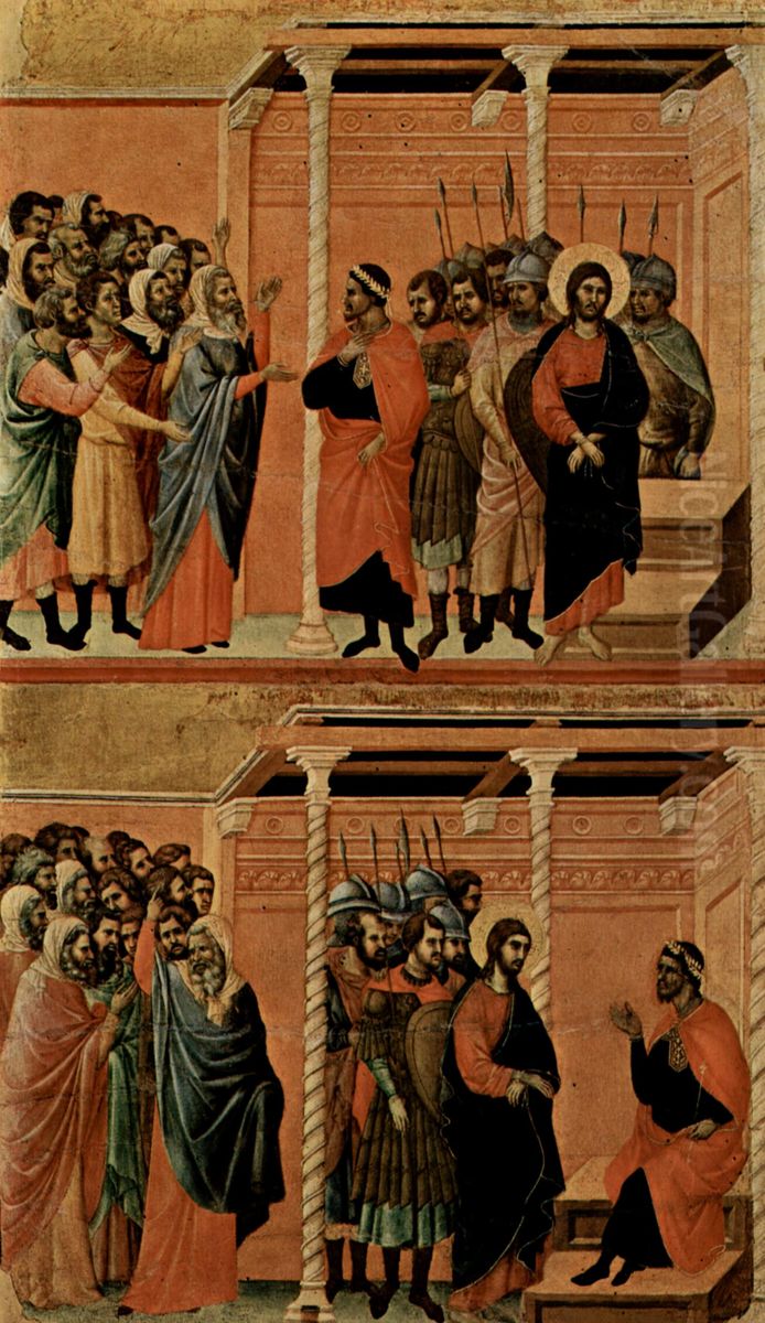 Maesta, Altarretabel des Sieneser Doms, Ruckseite, Hauptregister mit Szenen zu Christi Passion, Szenen: Beschuldigung Christi durch die Pharisaer und Verhor Christi durch Pilatus Oil Painting by Duccio Di Buoninsegna