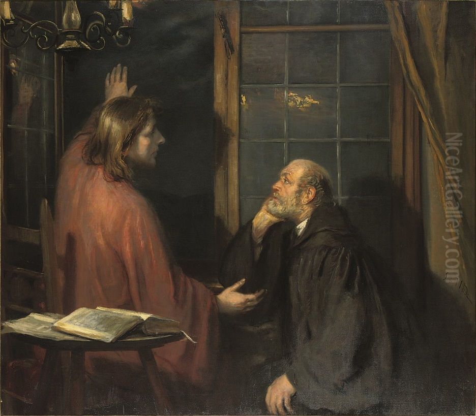 Christ and Nicodemus Oil Painting by Fritz von Uhde
