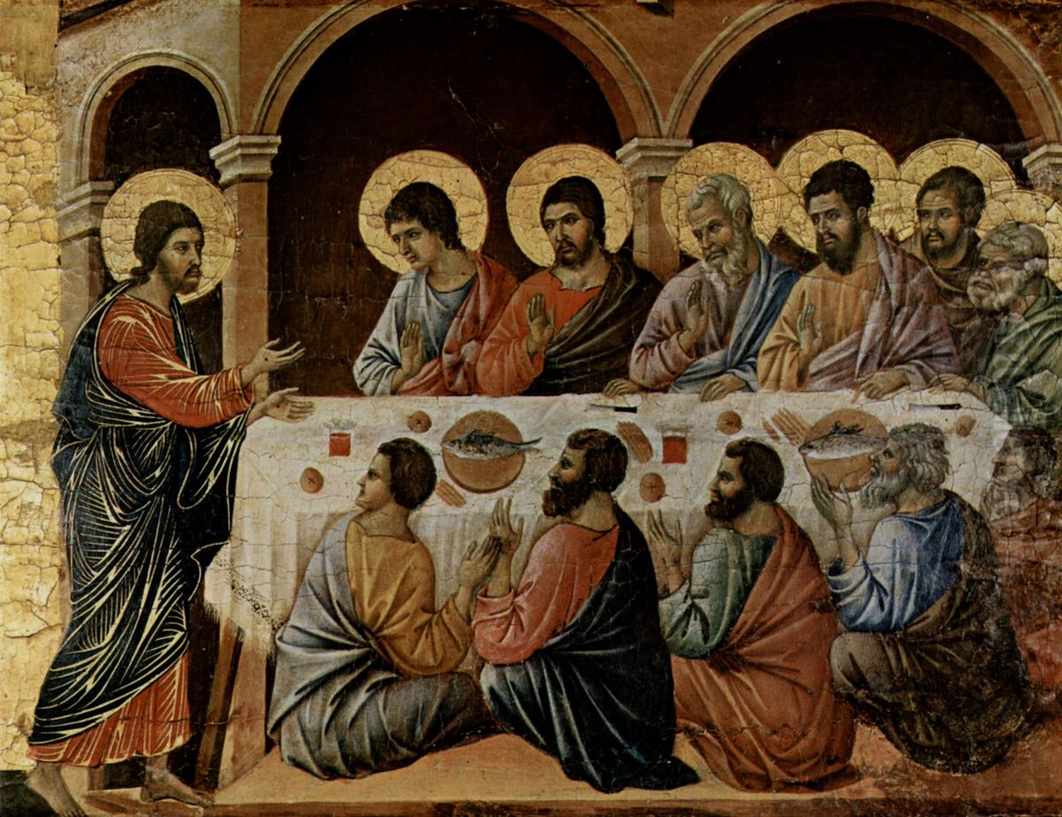 Maesta, Altarretabel des Sieneser Doms, Ruckseite, Altarbekronung mit Pfingstzyklus, Szene: Erscheinung Christi bei dem Abendmahl der Apostel Oil Painting by Duccio Di Buoninsegna
