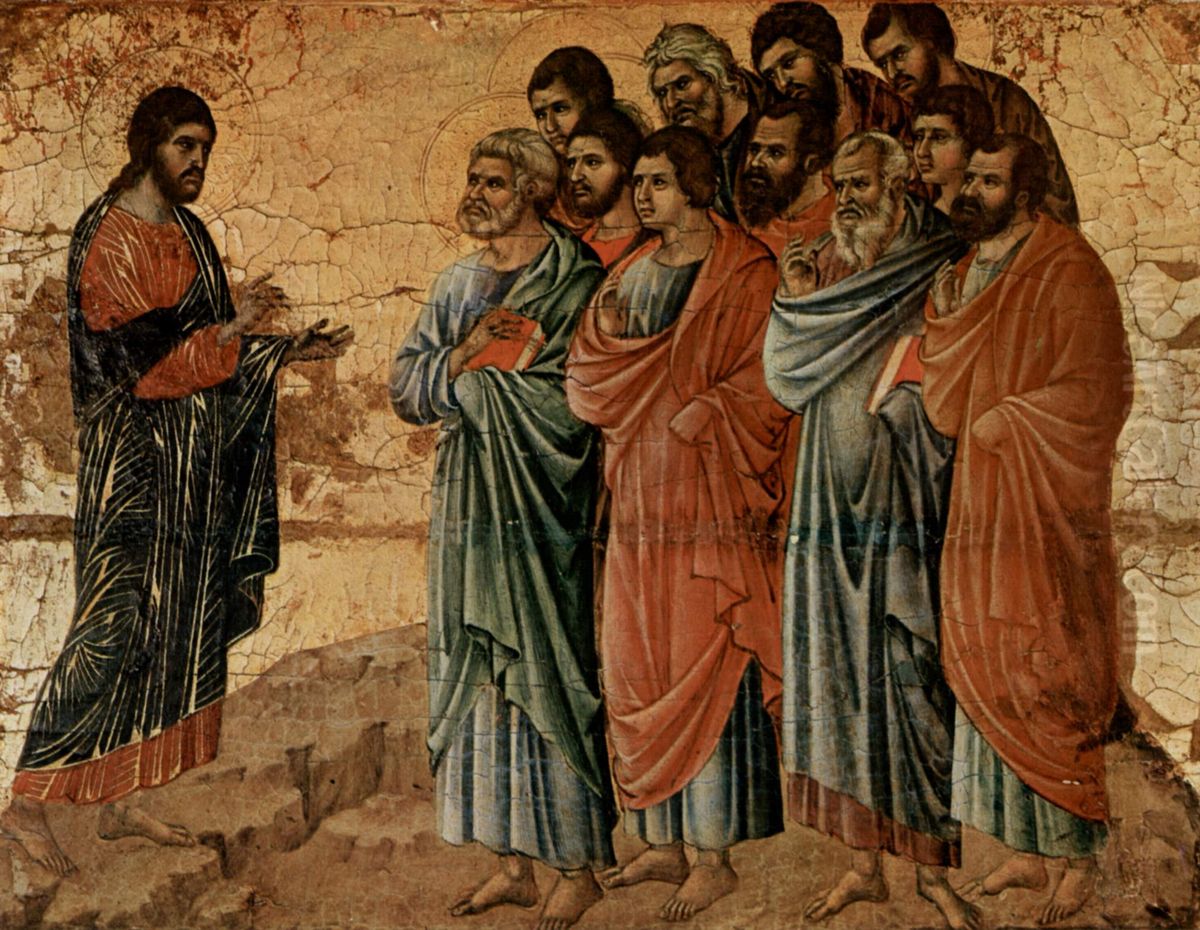 Maesta, Altarretabel des Sieneser Doms, Ruckseite, Altarbekronung mit Pfingstzyklus, Szene: Erscheinung Christi auf den Berg von Galilea Oil Painting by Duccio Di Buoninsegna