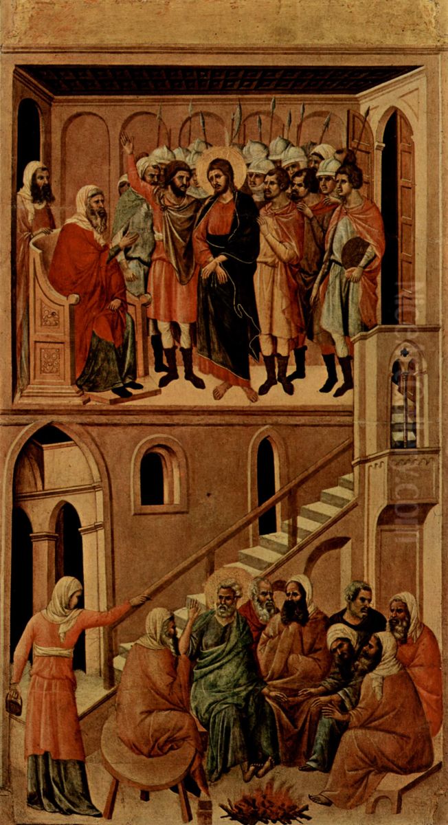 Maesta, Altarretabel des Sieneser Doms, Ruckseite, Hauptregister mit Szenen zu Christi Passion, Szenen: Christus vor dem Hohepriester und Verleugnung Christi durch Petrus Oil Painting by Duccio Di Buoninsegna