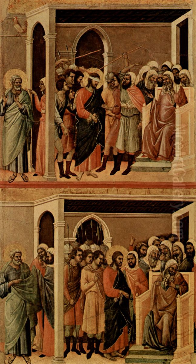 Maesta, Altarretabel des Sieneser Doms, Ruckseite, Hauptregister mit Szenen zu Christi Passion, Szenen: Verspottung Christi und Christus vor Kaiphas Oil Painting by Duccio Di Buoninsegna