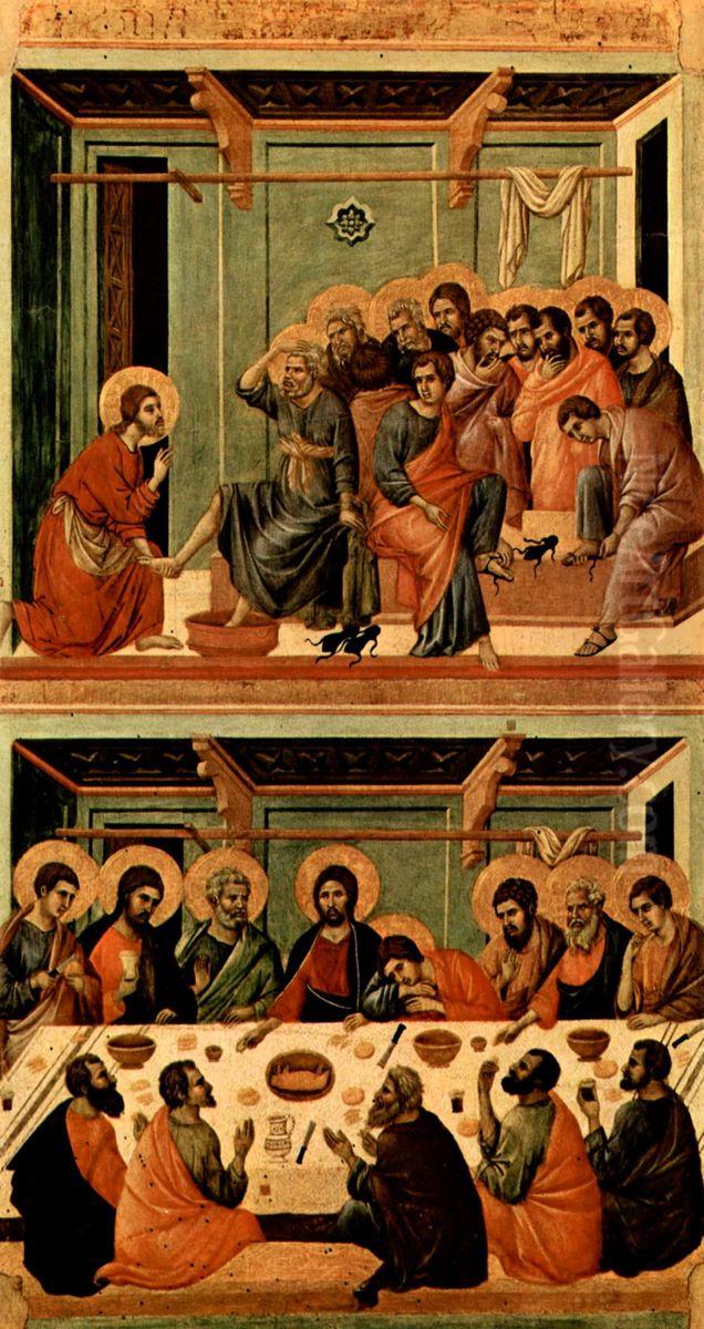 Maesta, Altarretabel des Sieneser Doms, Ruckseite, Hauptregister mit Szenen zu Christi Passion, Szenen: Fusswaschung und das Letzte Abendmahl Oil Painting by Duccio Di Buoninsegna