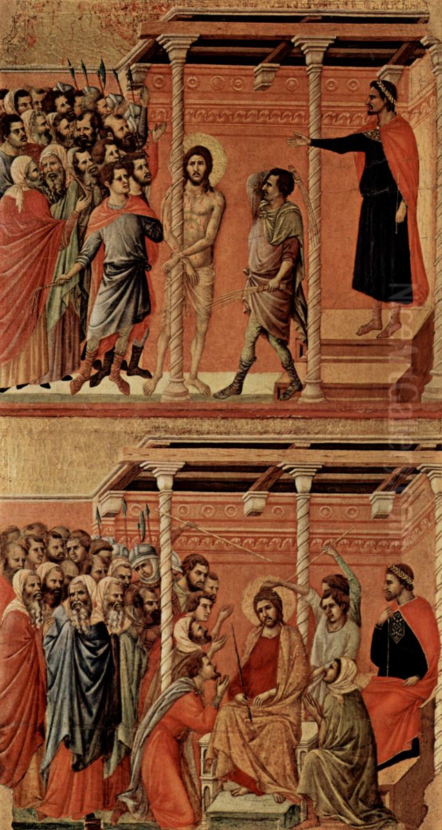 Maesta, Altarretabel des Sieneser Doms, Ruckseite, Hauptregister mit Szenen zu Christi Passion, Szenen: Geisselung und Dornenkronung Oil Painting by Duccio Di Buoninsegna