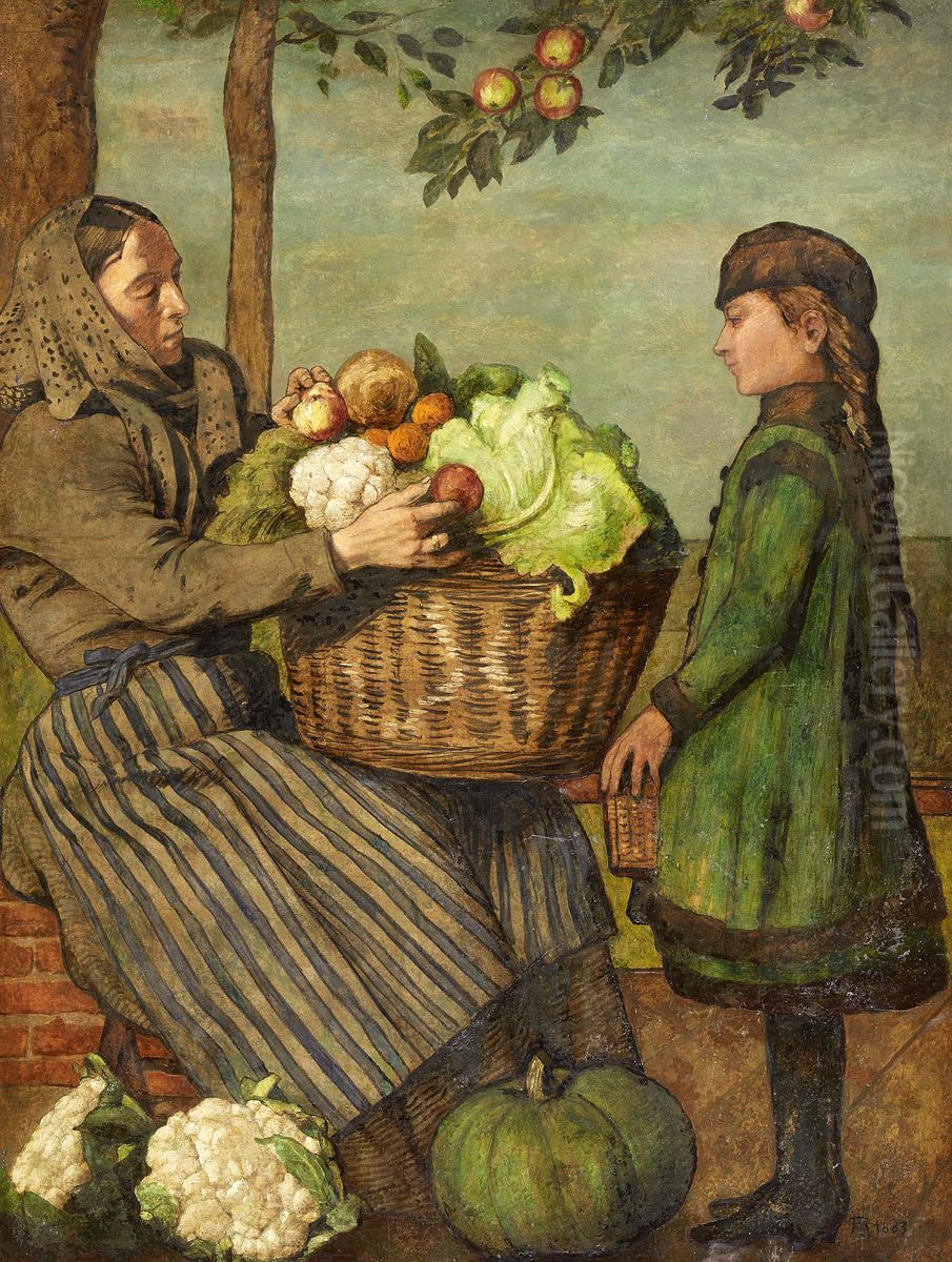 Grandmother and Granddaughter with a Vegetable Basket Oil Painting by Hans Thoma