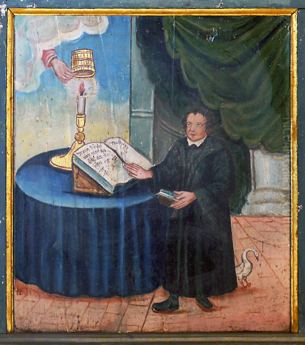 Martin Luther and the parable of the lamp under a basket Oil Painting by Hans Stiegler