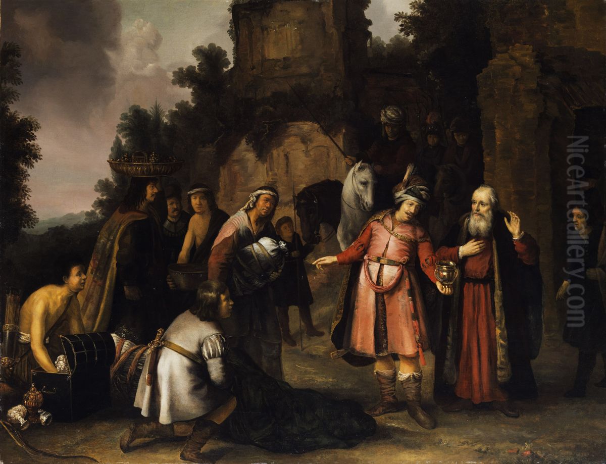 Der Prophet Elisa weist Naamans Gaben zuruck (2. Konige 5). Oil Painting by Abraham van Dijck
