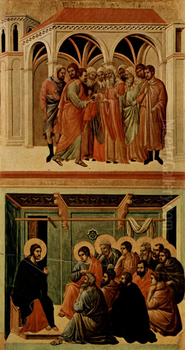 Maesta, Altarretabel des Sieneser Doms, Ruckseite, Hauptregister mit Szenen zu Christi Passion, Szenen: Verat Judas und Abschied Christi von den Aposteln Oil Painting by Duccio Di Buoninsegna