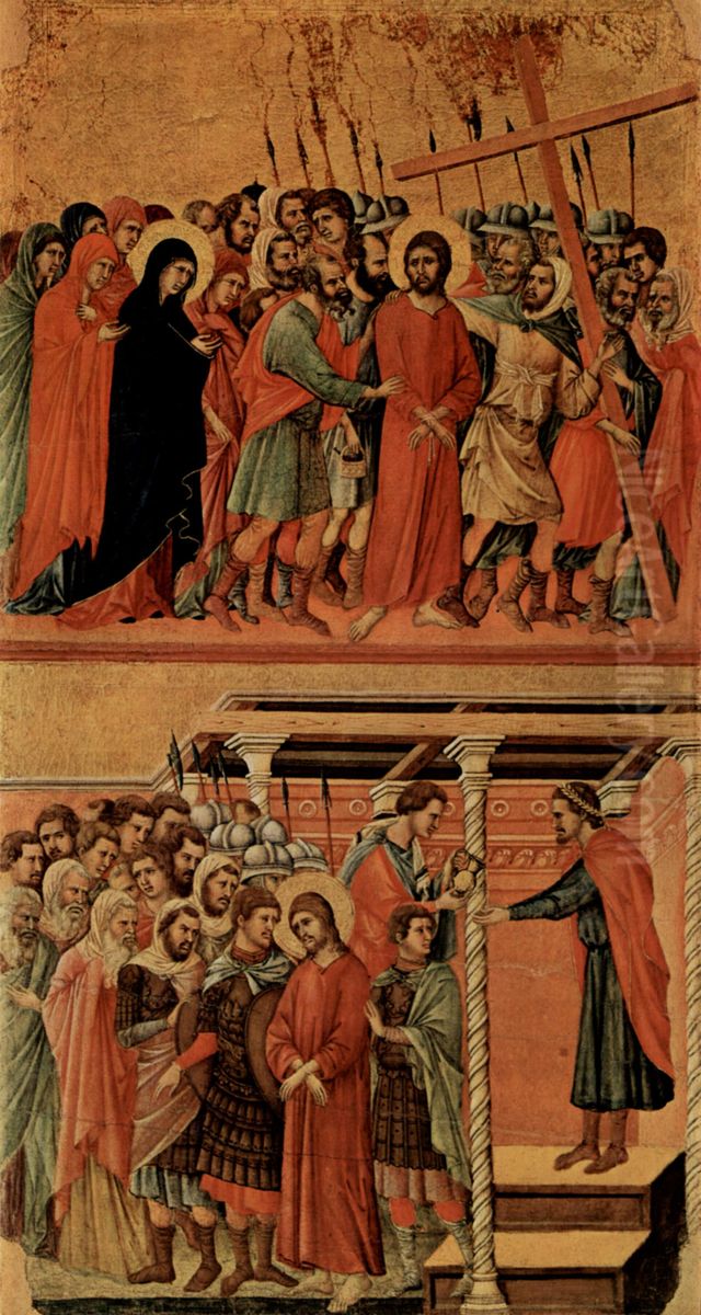 Maesta, Altarretabel des Sieneser Doms, Ruckseite, Hauptregister mit Szenen zu Christi Passion, Szenen: Aufstieg zum Kalvarienberg und Pilatus wascht sich die Hande in Unschuld Oil Painting by Duccio Di Buoninsegna