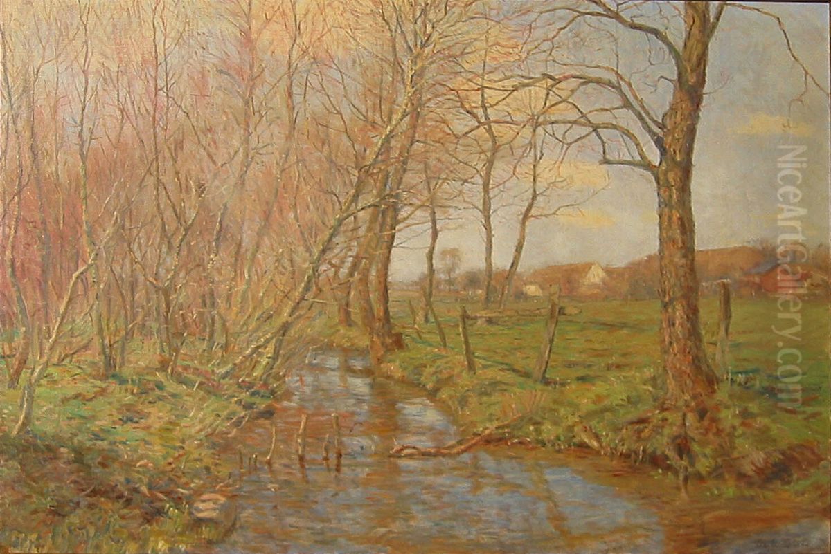Landscape with a stream, some houses in the background. Oil Painting by Ole Due