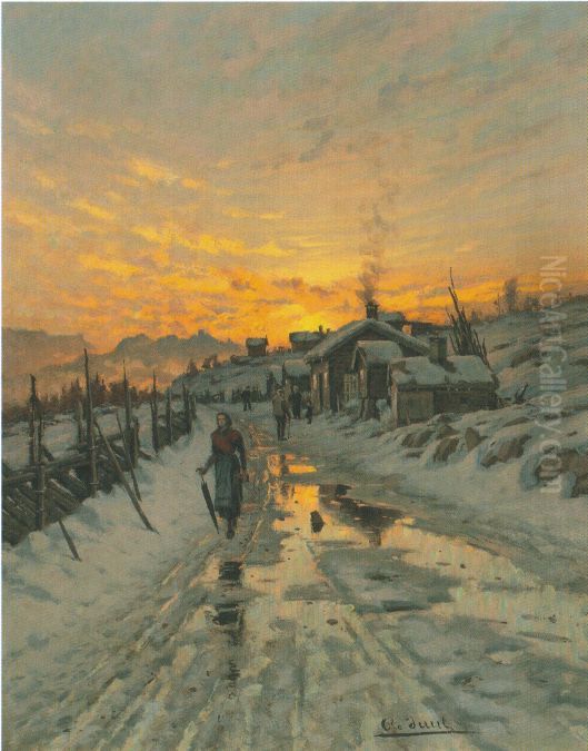 Kvinne pa landevei Oil Painting by Ole Juul