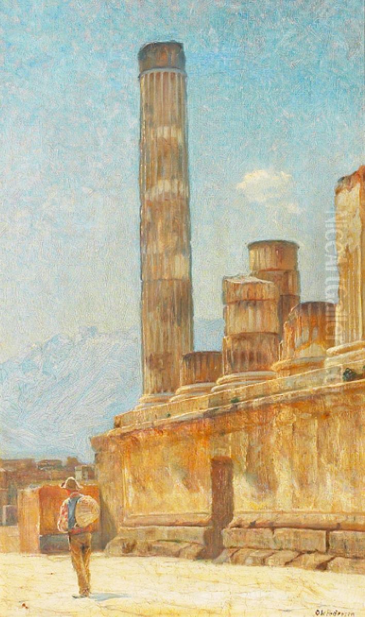 Mediterranean scenery with a man walking near ruins. Oil Painting by Ole Pedersen