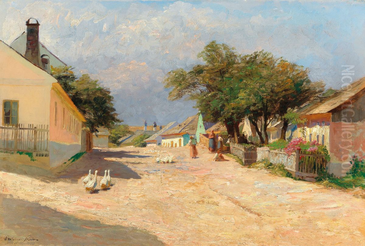 A village road in the summer midday sun Oil Painting by Olga Wisinger-Florian