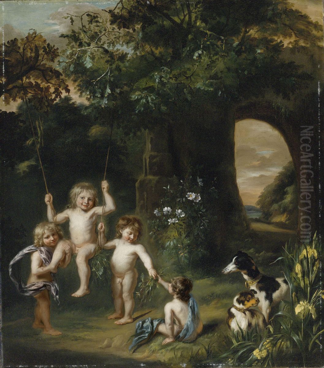 Portret van vier naakte kinderen spelende met een schommel en twee honden Oil Painting by Justus De Gelder