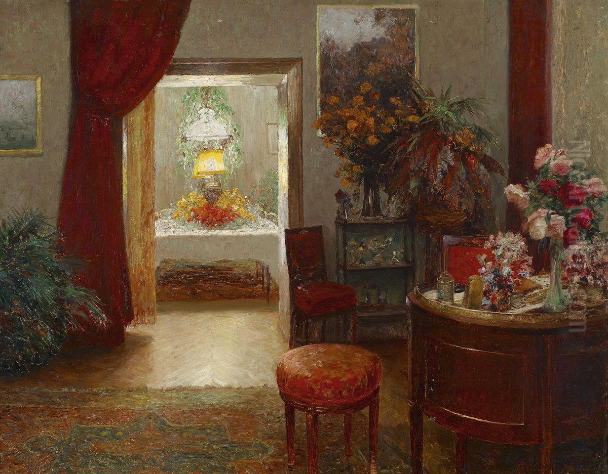 Interieur mit Blick auf einen festlich gedeckten Tisch Oil Painting by Olga Wisinger-Florian