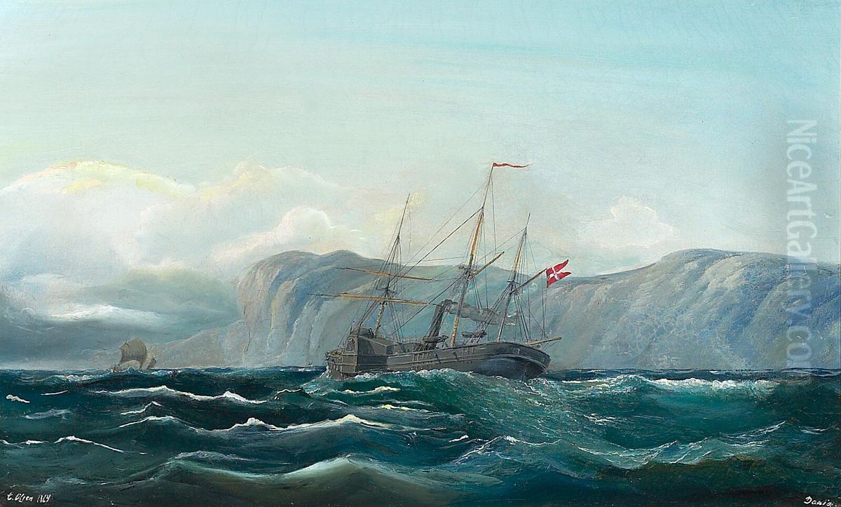 The paddle wheeler Dania near a rocky coast. Oil Painting by Carl Julius Emil Olsen