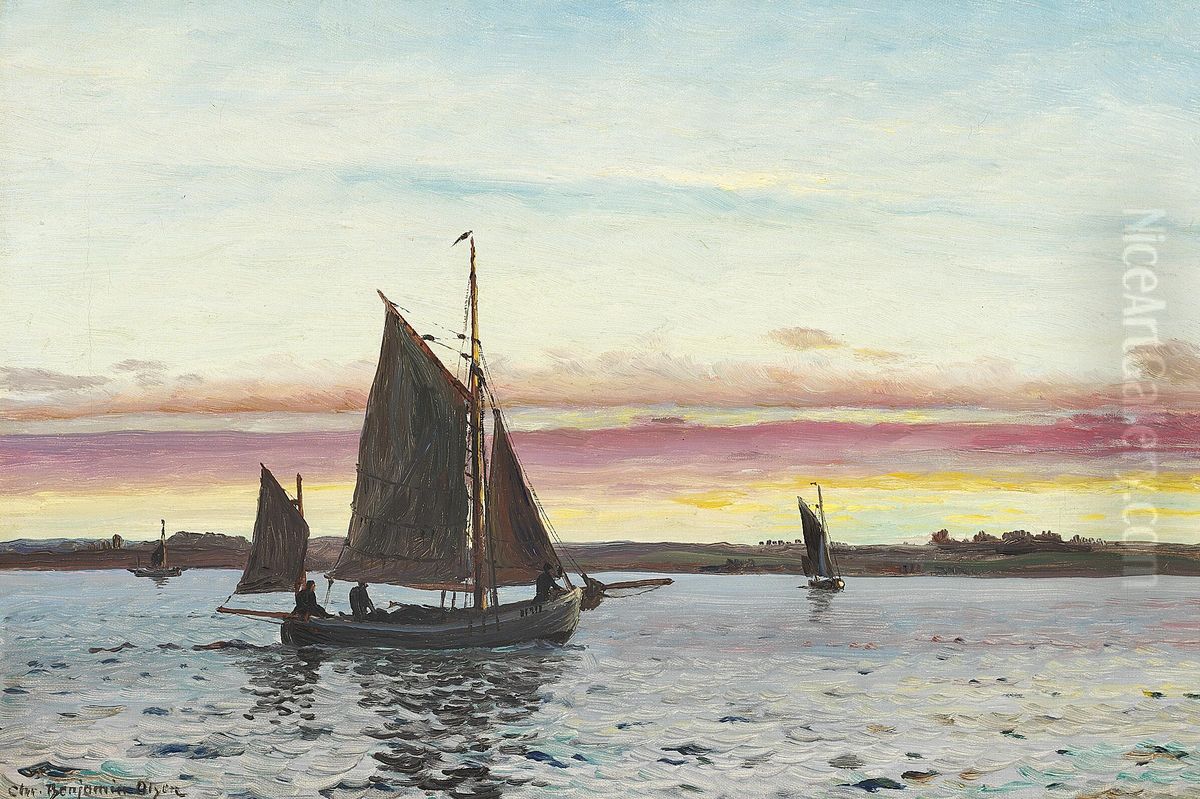 Fishing boats on the Roskilde fiord. Oil Painting by Benjamin Olsen