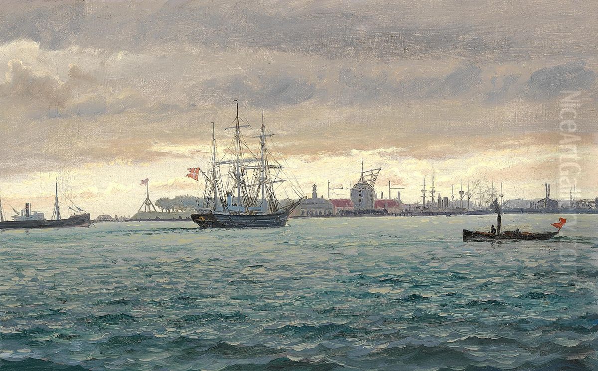 View of the port of Copenhagen. Oil Painting by Benjamin Olsen