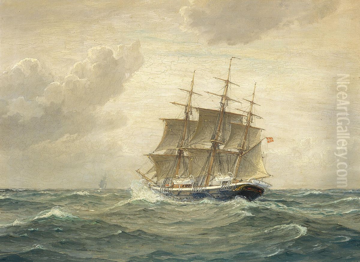 Ship with three masts at sea. Oil Painting by Benjamin Olsen