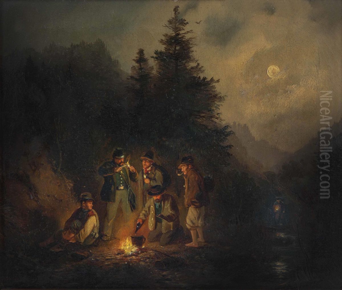Schmuggler am nachtlichen Lagerfeuer Oil Painting by Meno Muhlig