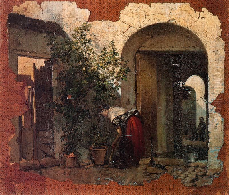 Mujer limpiando un patio Oil Painting by Rafael Romero Barros