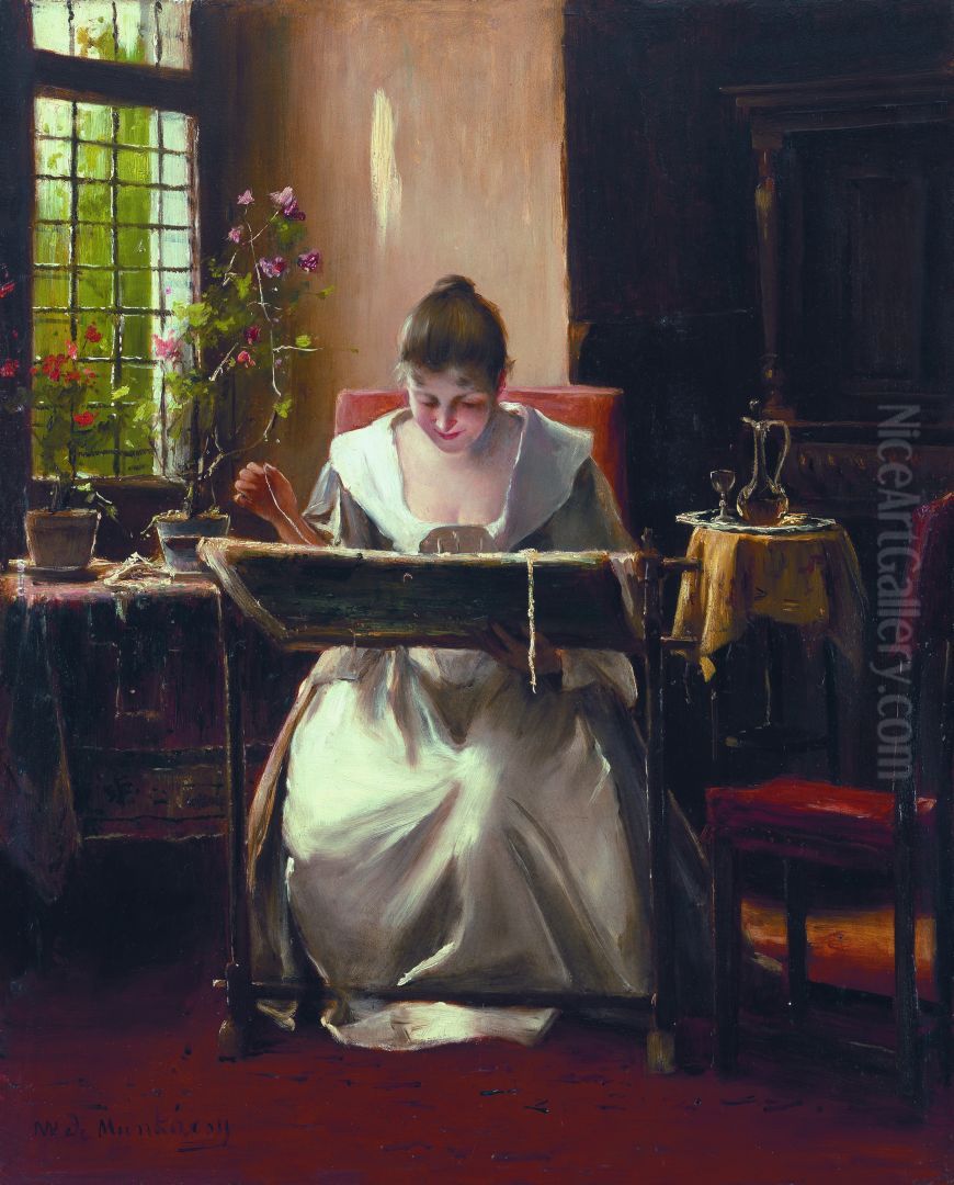 Himzo leany Oil Painting by Mihaly Munkacsy