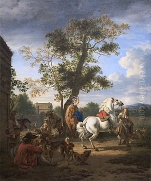 A Hunting Party in the Grounds of a Country House Oil Painting by Adriaen Van De Velde